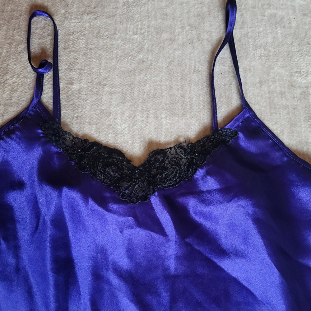 Apostrophic Purple Satin Cami Top Black Lace Trim Sexy Lingerie‎